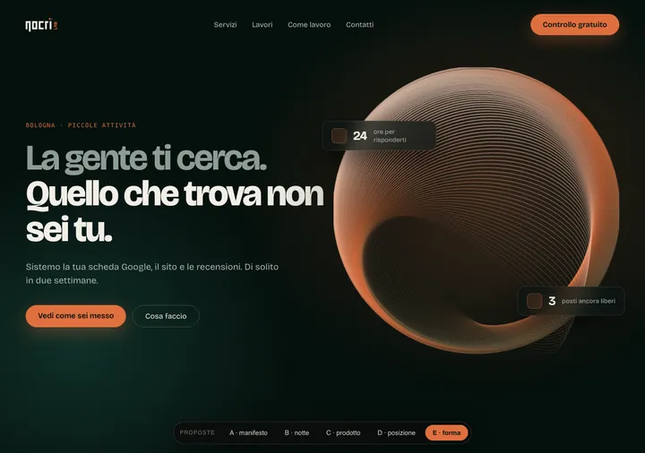 Bozza del sito Nocri Lab con una forma scultorea a spirale accanto al titolo